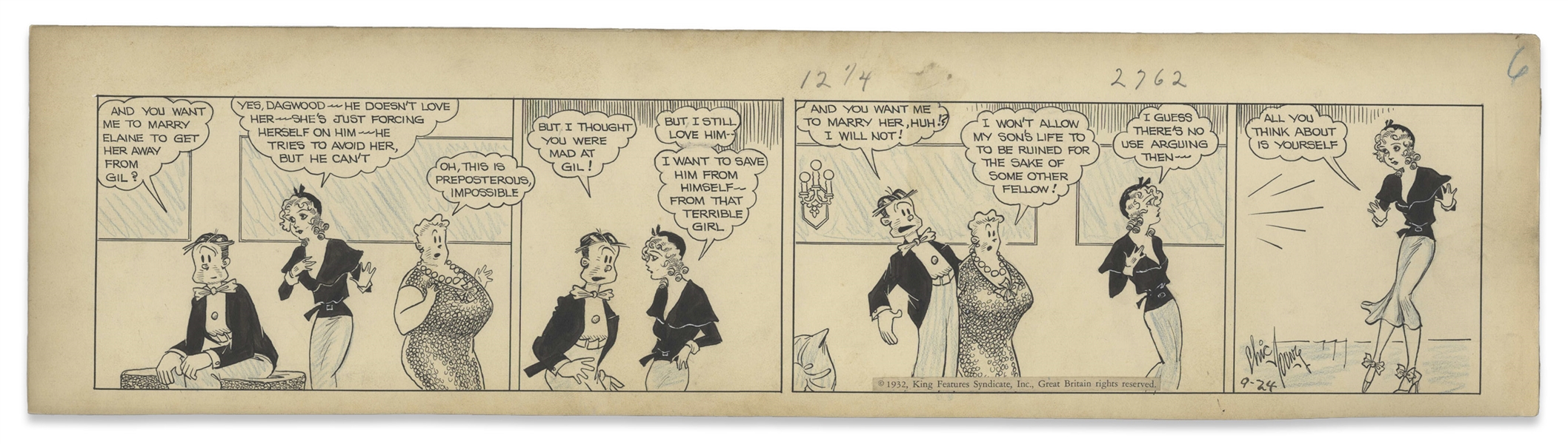 Chic Young Hand-Drawn ''Blondie'' Comic Strip From 1932 Titled ''A Selfish Family'' -- Blondie's Affections Turn Elsewhere